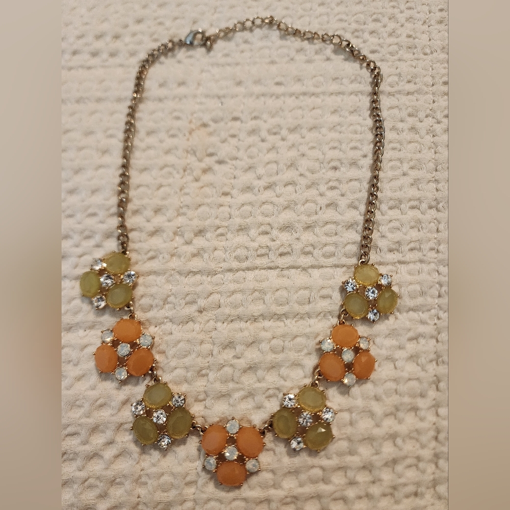 Vintage Floral Choker Goldtone with Orange and Green Accents Rhinestones